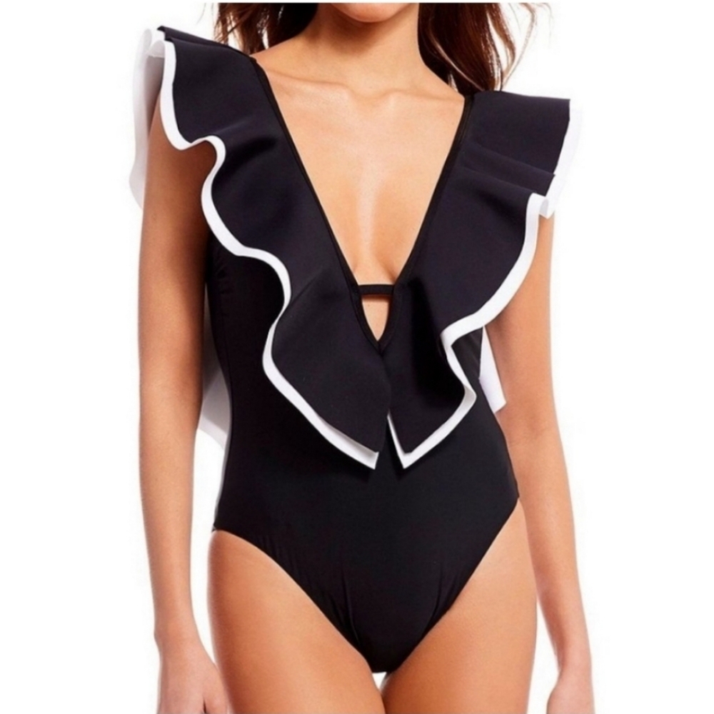 Gianni Bini Black and White Ruffle One-Piece Swimsuit